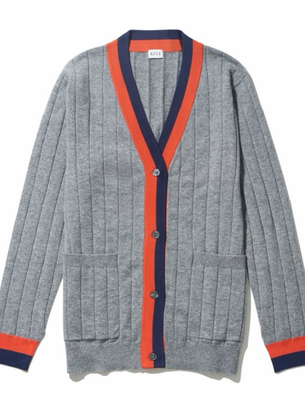 KULE Gray Ribbed Cashmere Cardigan with Orange & Navy Trim